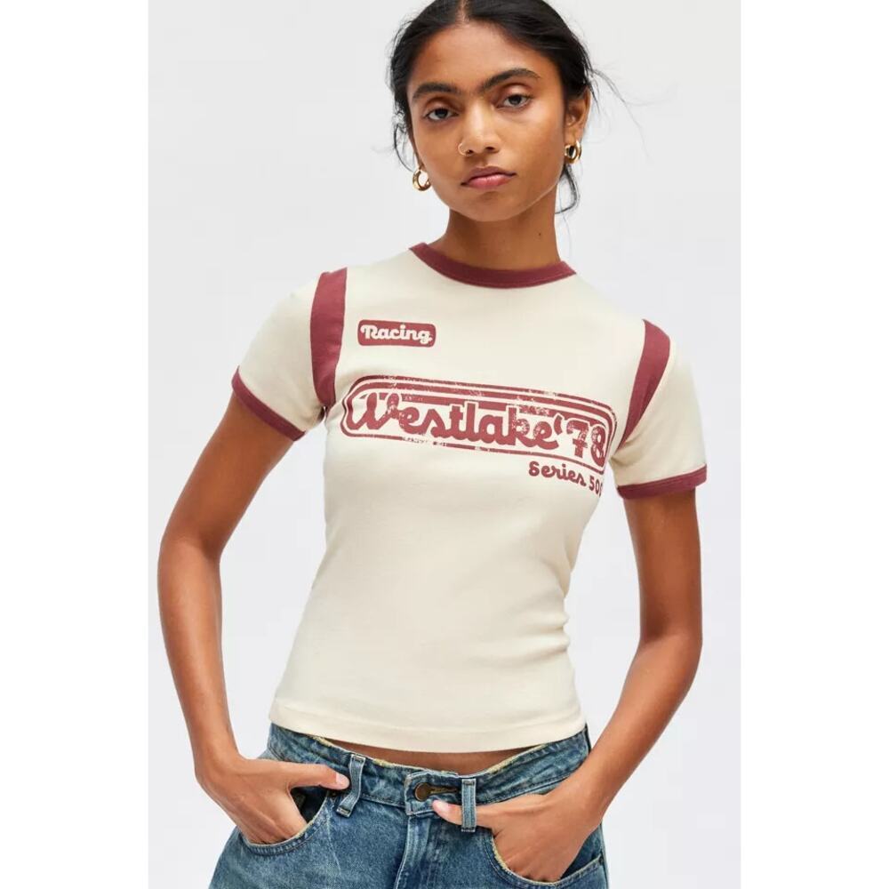 Urban Outfitters Women's Westlake ‘78 Graphic Sporty Ringer Baby T-Shirt Size L